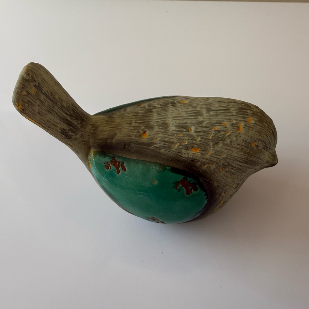 Handcrafted Ceramic Bird Figurine - Green and Grey